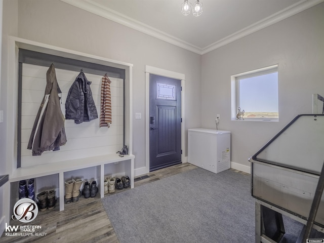 mudroom featuring hardwood / wood-style flooring and ornamental molding