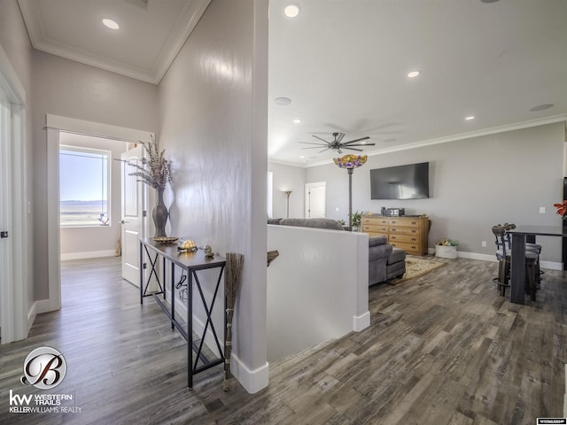 interior space featuring hardwood / wood-style floors, ceiling fan, and ornamental molding