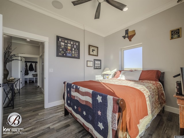 bedroom featuring ornamental molding, ceiling fan, and dark wood-type flooring