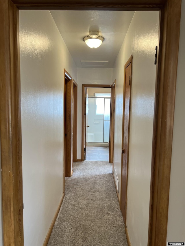 hall with light colored carpet