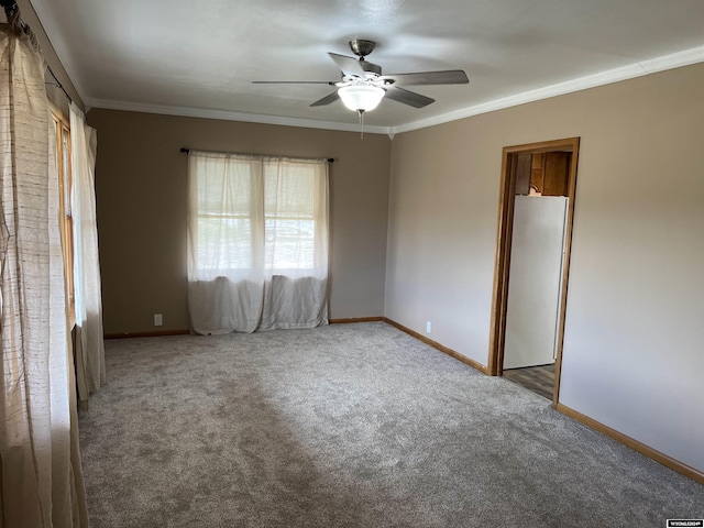 610 Charles St, Douglas, WY 82633 - unfurnished bedroom with carpet, freestanding refrigerator, baseboards, and crown molding