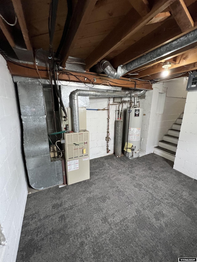 basement with carpet and water heater