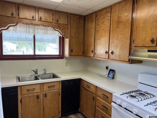 kitchen featuring white gas range oven, a drop ceiling, ventilation hood, sink, and black dishwasher