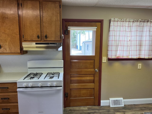 610 Charles St, Douglas, WY 82633 - kitchen featuring white gas range, under cabinet range hood, brown cabinets, and wood finished floors