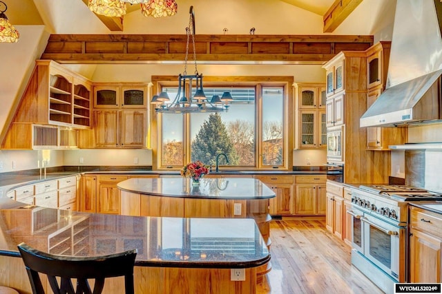 kitchen with lofted ceiling, light hardwood / wood-style flooring, wall chimney exhaust hood, a large island, and stainless steel appliances