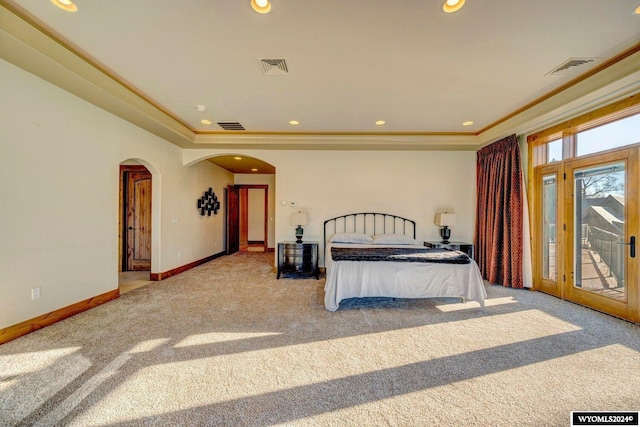 bedroom featuring access to exterior, light carpet, and ornamental molding