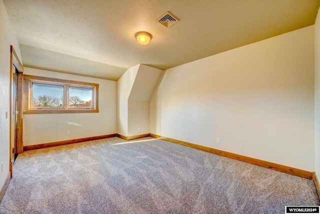 additional living space featuring lofted ceiling, light carpet, and a textured ceiling