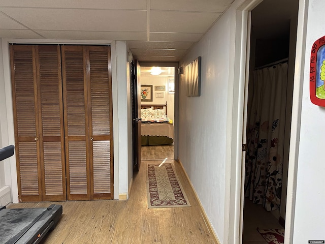 hall with light wood-type flooring and a drop ceiling