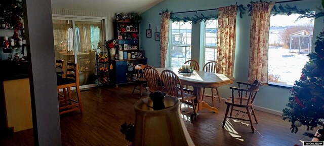 dining area with dark hardwood / wood-style floors and vaulted ceiling