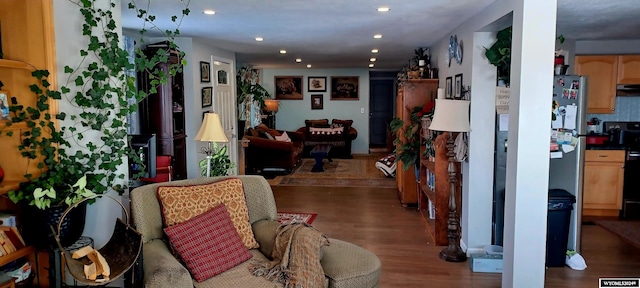 living room with dark wood-type flooring