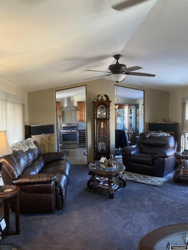 living room with dark carpet