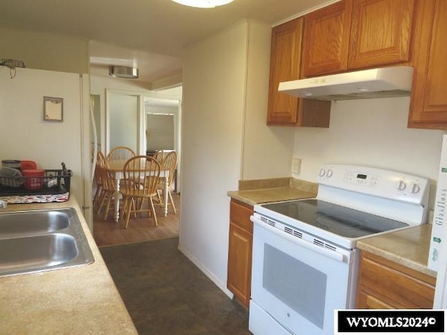 kitchen with electric range, dark hardwood / wood-style floors, and sink