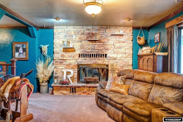 carpeted living room with a textured ceiling, a stone fireplace, and crown molding