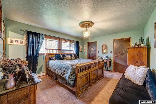 bedroom with light carpet, a textured ceiling, and a notable chandelier