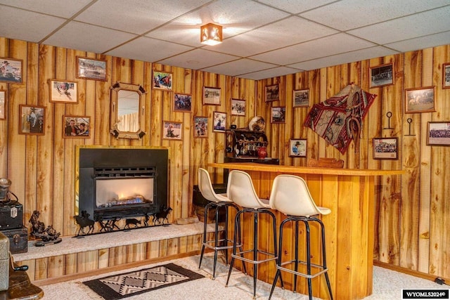 bar featuring a paneled ceiling, light colored carpet, and wooden walls