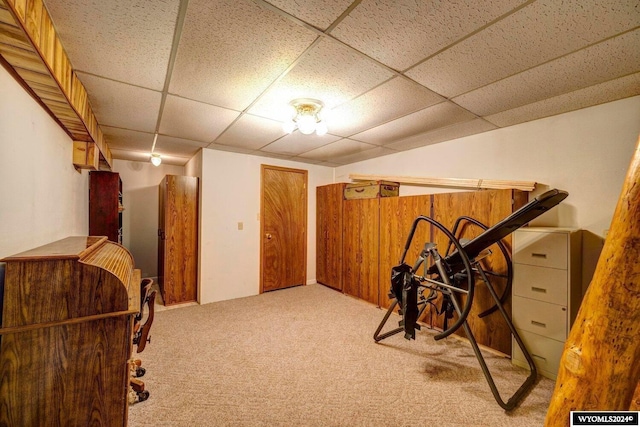 interior space with a drop ceiling and light colored carpet