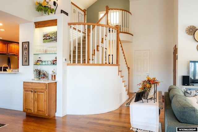 interior space featuring high vaulted ceiling and wood-type flooring