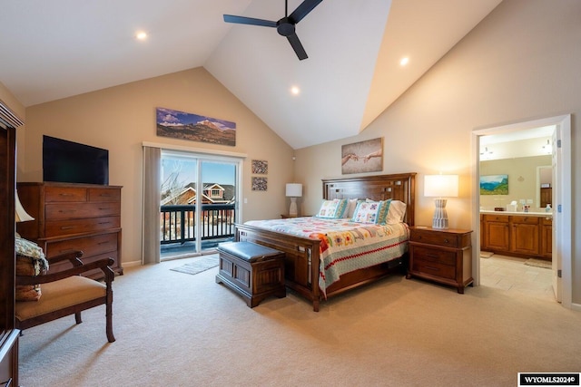 bedroom featuring ceiling fan, high vaulted ceiling, ensuite bathroom, light colored carpet, and access to outside