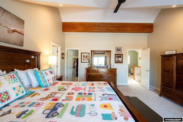 carpeted bedroom featuring beam ceiling, ceiling fan, and high vaulted ceiling