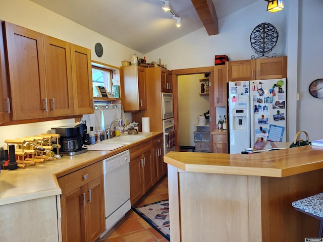 kitchen featuring sink, wood counters, vaulted ceiling with beams, white appliances, and light tile patterned floors