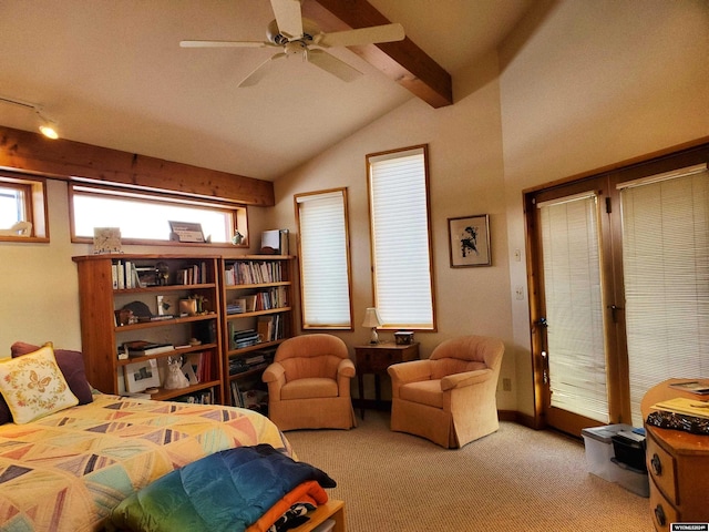 carpeted bedroom with ceiling fan, lofted ceiling with beams, and access to outside