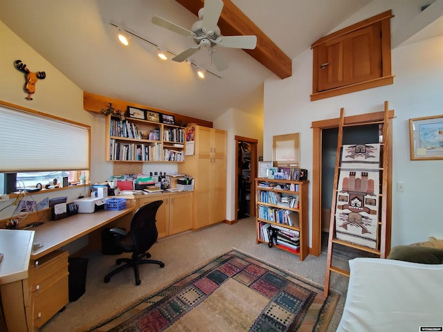 carpeted home office with beam ceiling, high vaulted ceiling, and ceiling fan