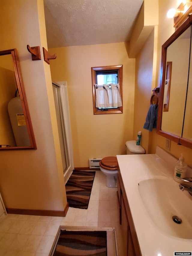 bathroom featuring walk in shower, vanity, a textured ceiling, a baseboard radiator, and toilet