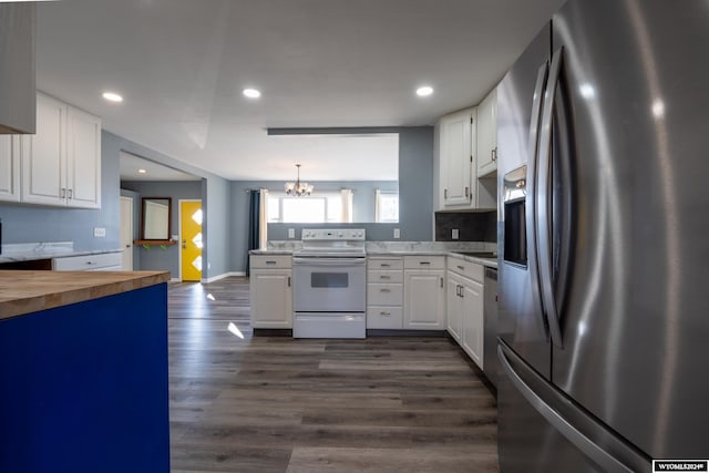 kitchen featuring wooden counters, stainless steel fridge with ice dispenser, white cabinetry, and white range with electric stovetop