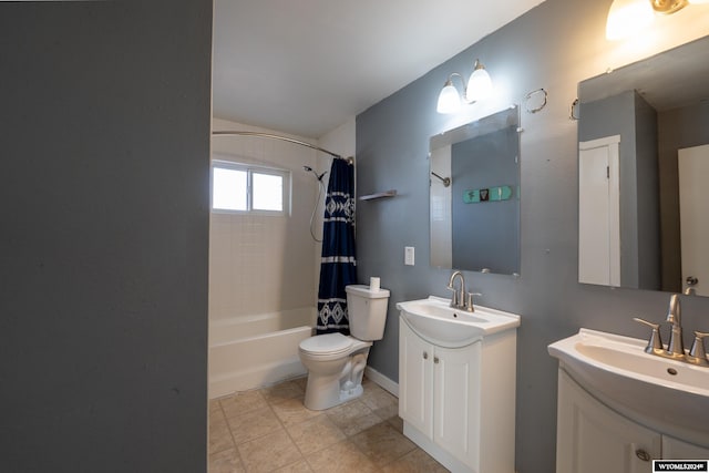 full bathroom with tile patterned flooring, vanity, toilet, and shower / bathtub combination with curtain