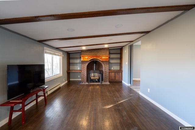 unfurnished living room featuring vaulted ceiling with beams, dark hardwood / wood-style flooring, and a wood stove