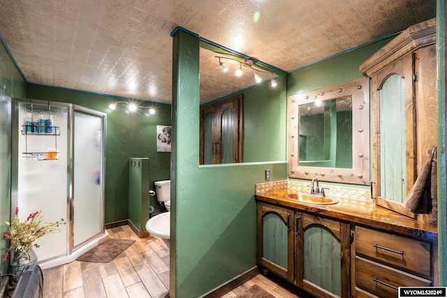 bathroom featuring hardwood / wood-style floors, vanity, toilet, and rail lighting