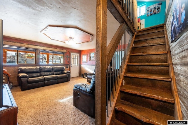 stairway with carpet flooring and wood walls