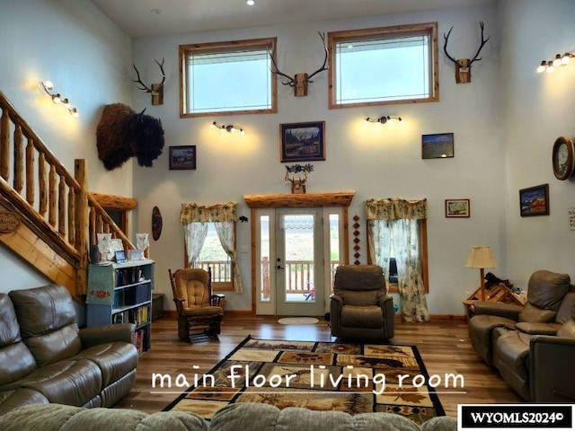 living room featuring hardwood / wood-style floors and a high ceiling