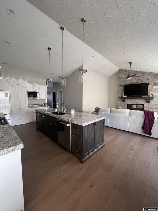 kitchen with dark wood finished floors, vaulted ceiling, stainless steel appliances, and a sink
