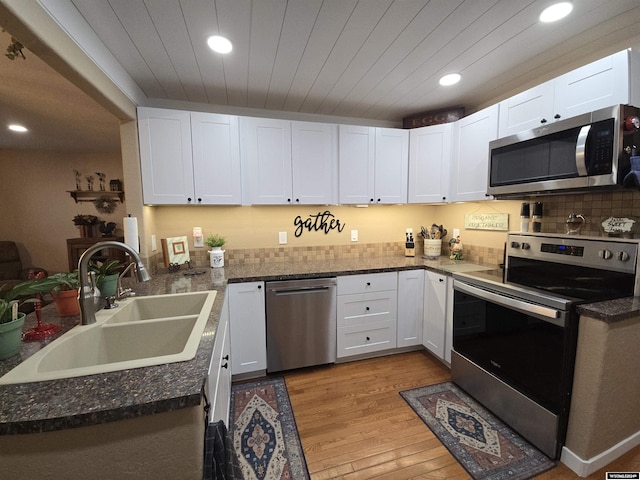 kitchen featuring white cabinetry, appliances with stainless steel finishes, sink, and wooden ceiling