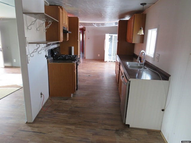 kitchen with gas stove, sink, dark wood-type flooring, stainless steel dishwasher, and decorative light fixtures