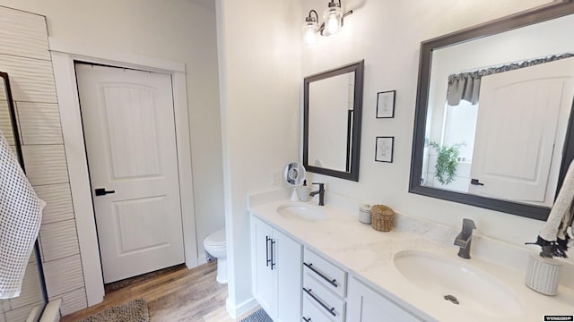 bathroom featuring hardwood / wood-style floors, vanity, and toilet