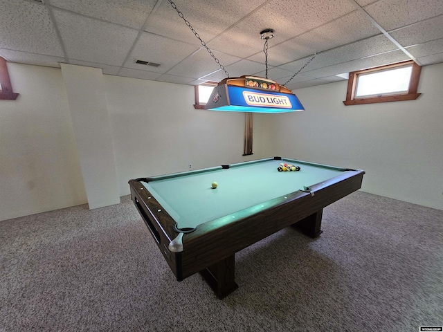 game room featuring carpet flooring, a paneled ceiling, and pool table