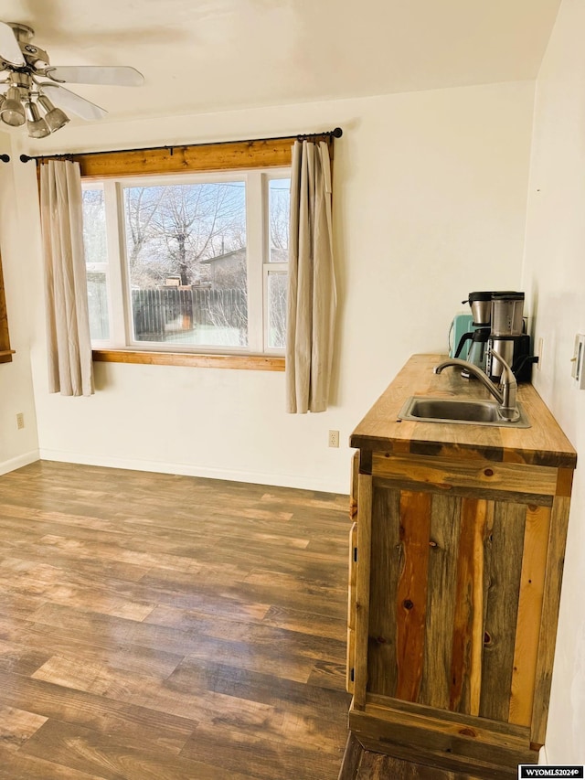 interior space featuring wood-type flooring, ceiling fan, and sink