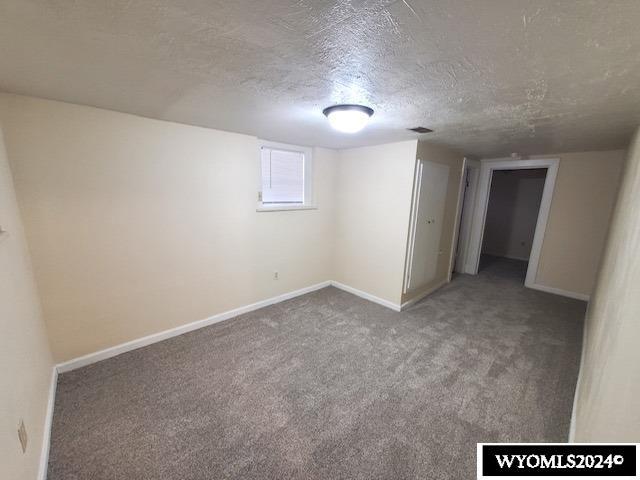 basement featuring carpet floors and a textured ceiling