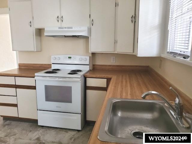 kitchen with white cabinets, electric range, and sink