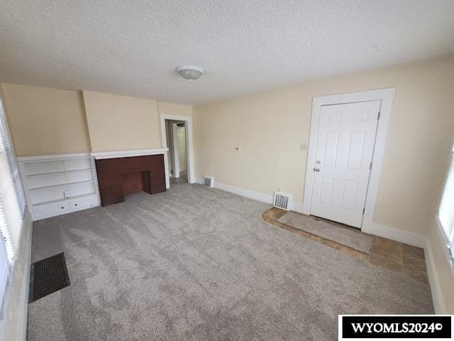 interior space with carpet flooring, a textured ceiling, and multiple windows