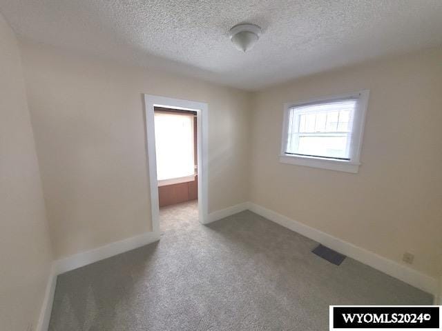 unfurnished room with carpet flooring and a textured ceiling