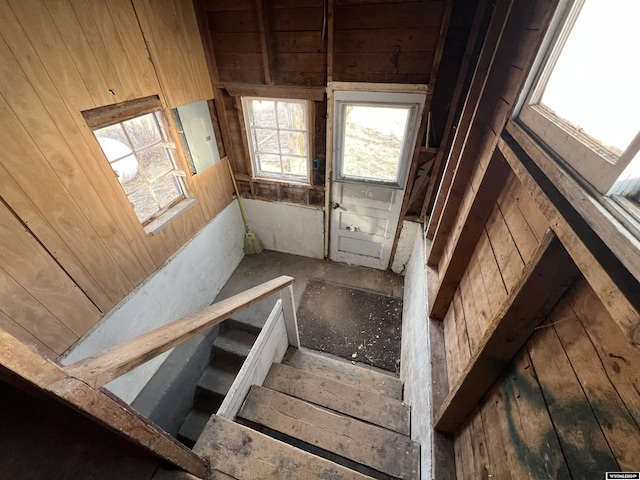 stairs featuring wood walls