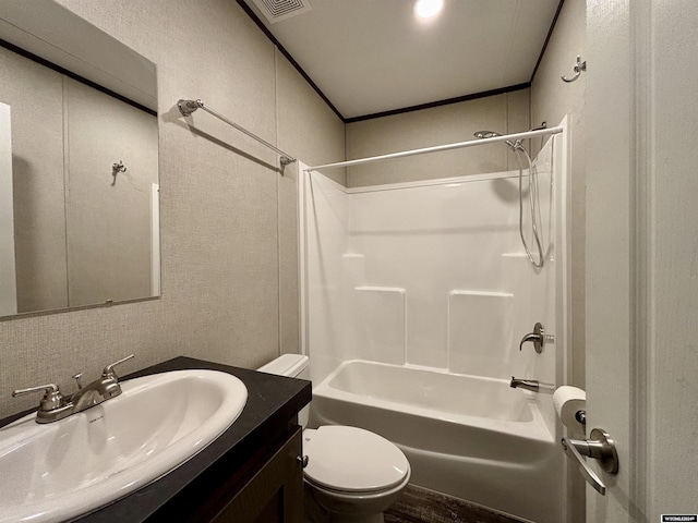 full bathroom with vanity,  shower combination, and toilet