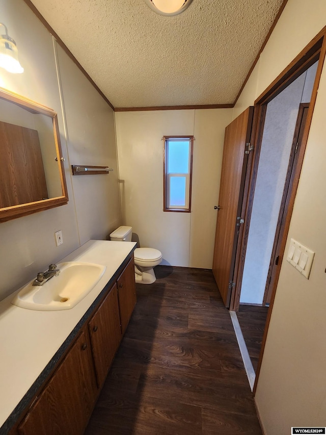 bathroom with hardwood / wood-style floors, vanity, ornamental molding, and a textured ceiling