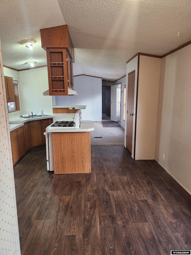 kitchen featuring a textured ceiling, dark hardwood / wood-style flooring, and a kitchen island