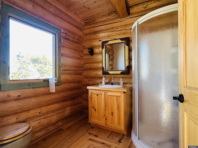 bathroom featuring rustic walls, an enclosed shower, vanity, wood-type flooring, and wooden ceiling