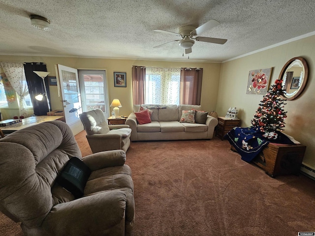 carpeted living room featuring ceiling fan, ornamental molding, and a textured ceiling