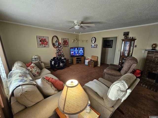 living room featuring ceiling fan, ornamental molding, and a textured ceiling